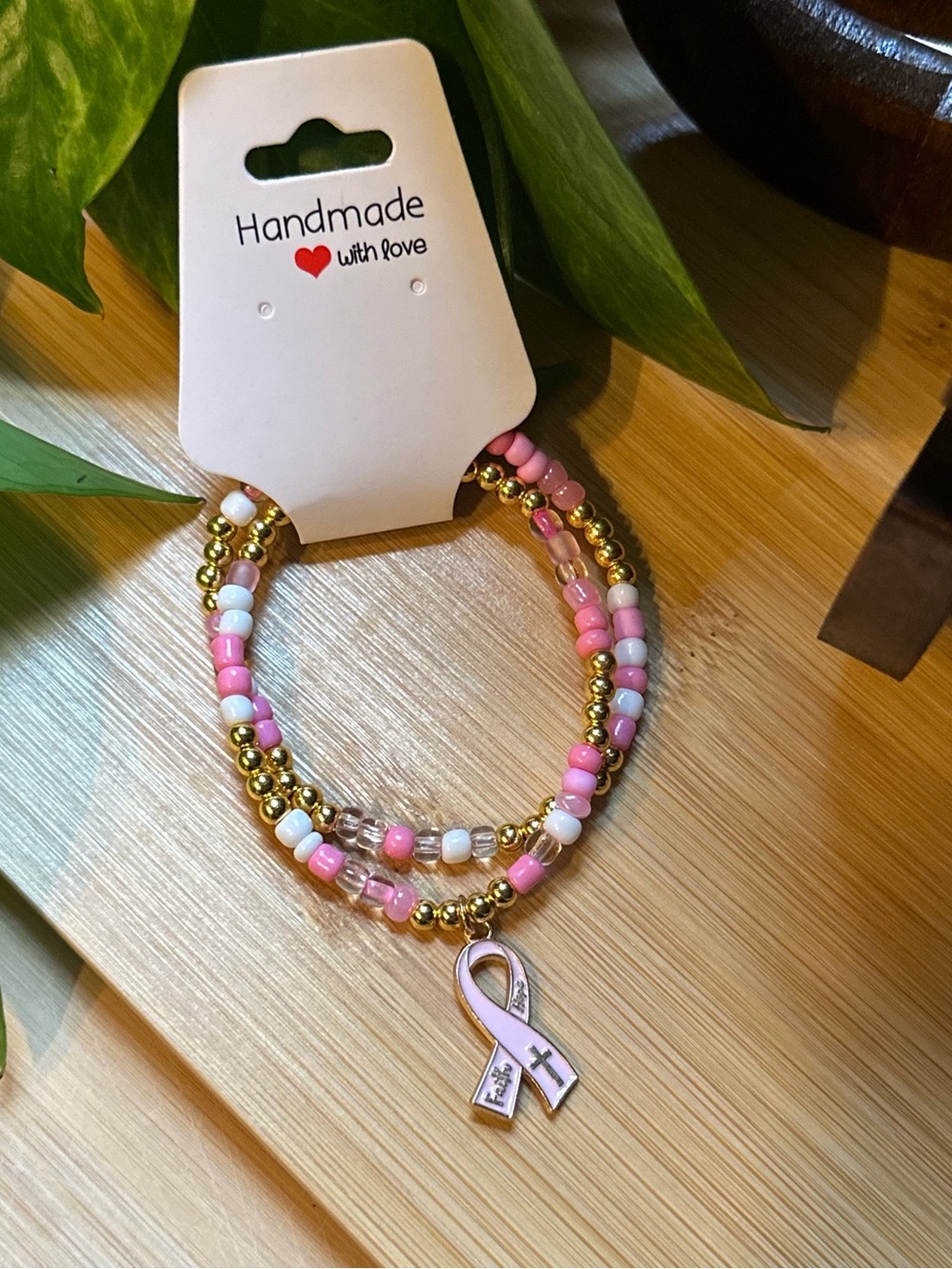 🎀Breast‎ Cancer Awareness 2-PC Stretchy Bracelet Set | Handmade |Dangle Charm🎀